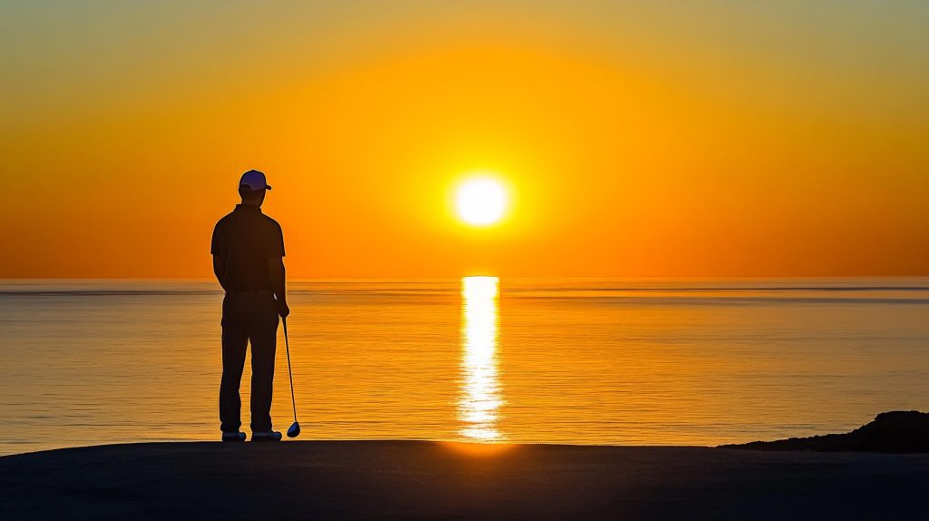 Relaxed Golfer Silhouette Against Bright Rising Sun