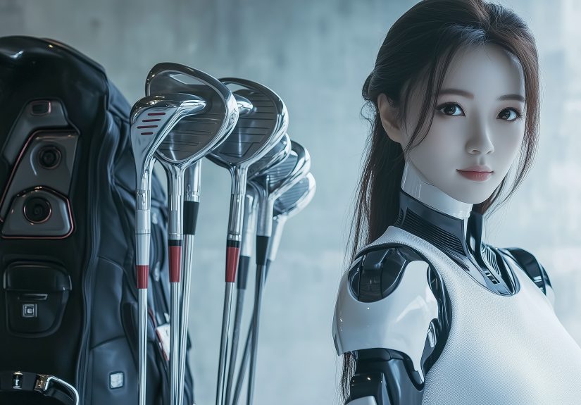 A sleek female robot carrying a golf bag with clubs, showcasing advanced technology and futuristic sports in a modern setting.