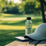 Golfer's belongings including hat, water bottle, and phone on course bench during pause