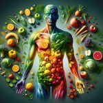 Vibrant anatomical illustration with fruits and vegetables as human organs, detailed edible anatomy artwork, health and nutrition concept