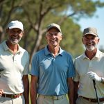 Three middle-aged men smile while holding golf clubs on a green course. They appear joyful and engaged in friendly sport activity. This image represents friendship leisure and active lifestyle.