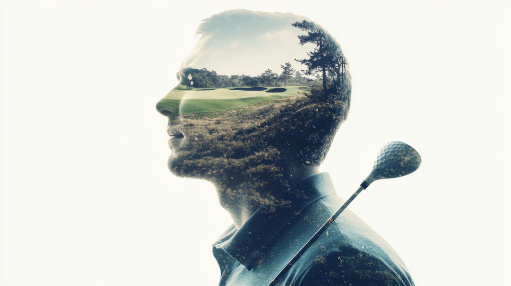 Golfer combining with golf course in double exposure portrait