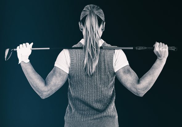 Composite image of pretty blonde playing golf