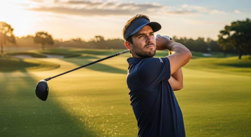 Professional male golfer in navy polo and visor executing perfect driver swing during golden hour on pristine golf course with dramatic sunset lighting and bokeh effects.
