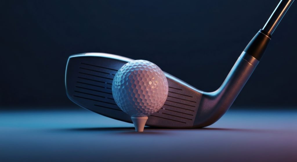 Close-up golf club poised to strike a white golf ball